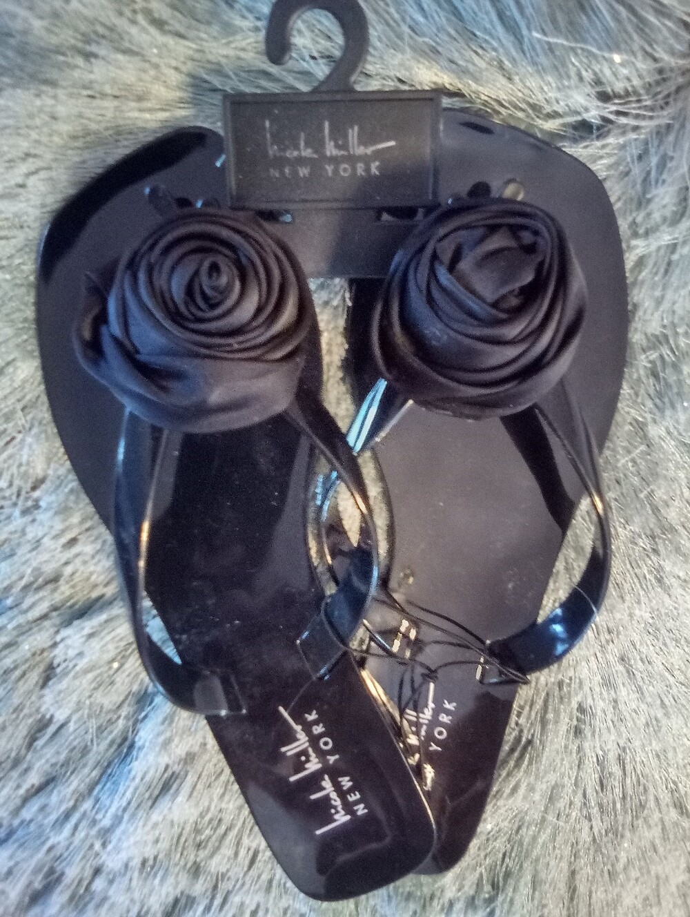 Lovely Nichole Miller Black Satin Rose Sandals